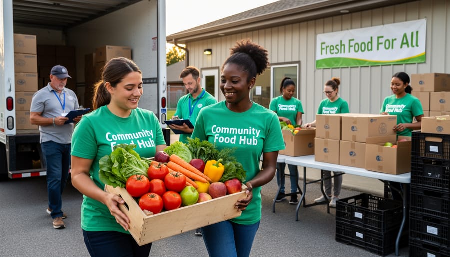 Volunteers unloading fresh produce into refrigerated bins at a community food hub loading area