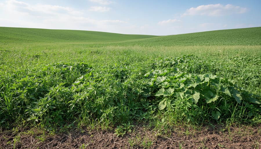 Wide low-angle view of an Alberta grain field with healthy green cover crops