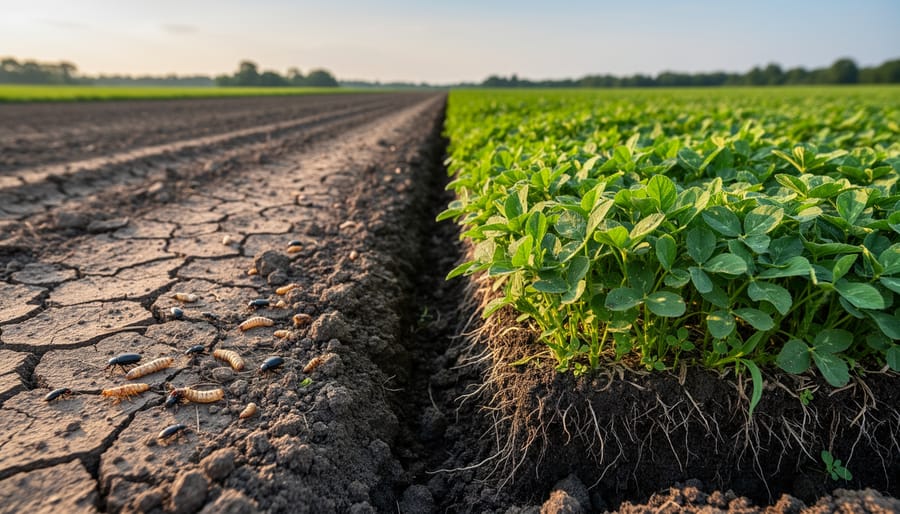 Wide ground-level view of an Alberta prairie field with cover crops and residue on the soil surface