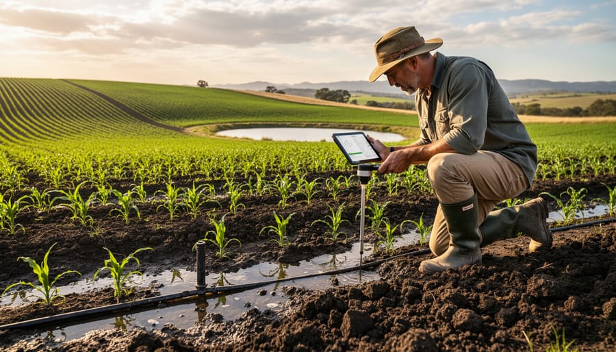Farmer standing in an Alberta field after rainfall with green cover crops visible in the background.