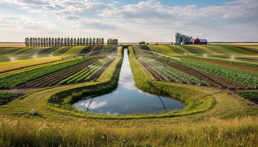 Organic farm field with green crops and irrigation hoses leading toward a grassy area under an overcast sky