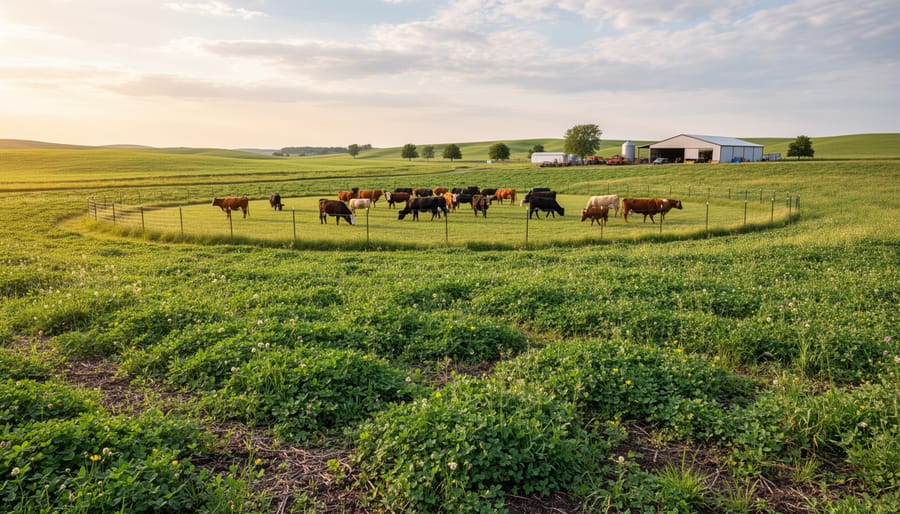 Wide prairie farm scene with lush cover crops and cattle at the field edge under overcast daylight