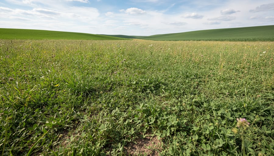 Regenerative prairie farm field with diverse cover crops and wind-rippled grasses under a bright overcast sky