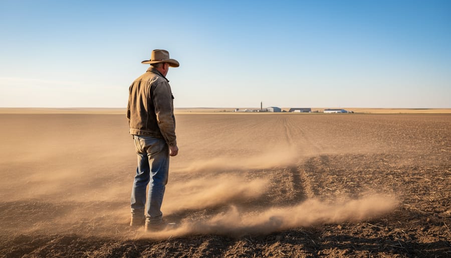 Farmer standing on an Alberta prairie field as dust and soil lift into the air during wind erosion.