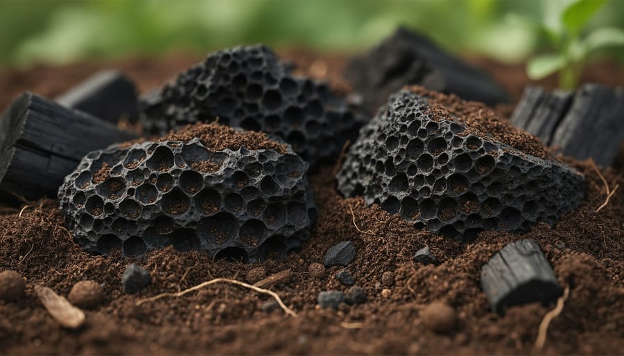 Close-up of dark biochar mixed with rich soil, showing crumbly texture and porous particles.