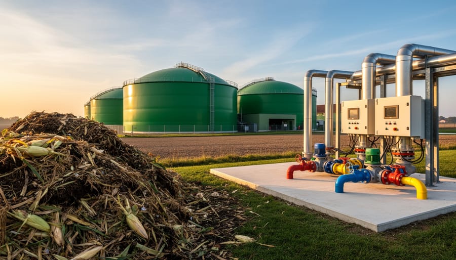 Dairy barn interior with organic materials and a glimpse of an outdoor biogas digester tank