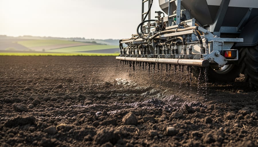 Farmer holding a handful of dark biosolids-amended soil beside farming equipment in an Alberta field