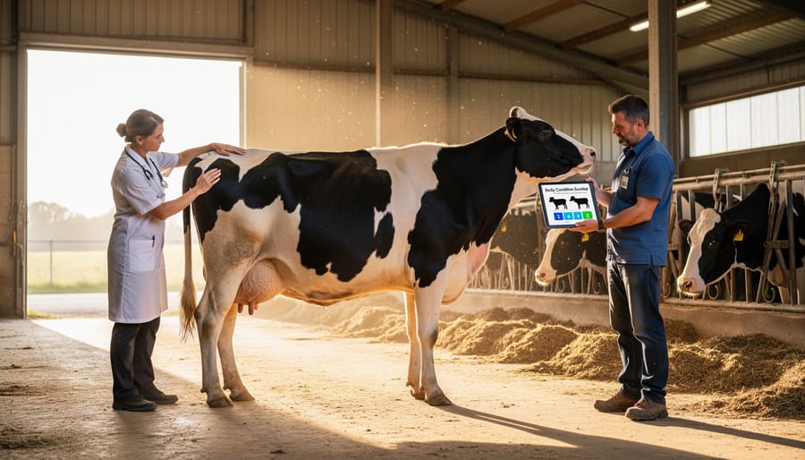 Livestock handler assessing a dairy cow’s body condition in a barn
