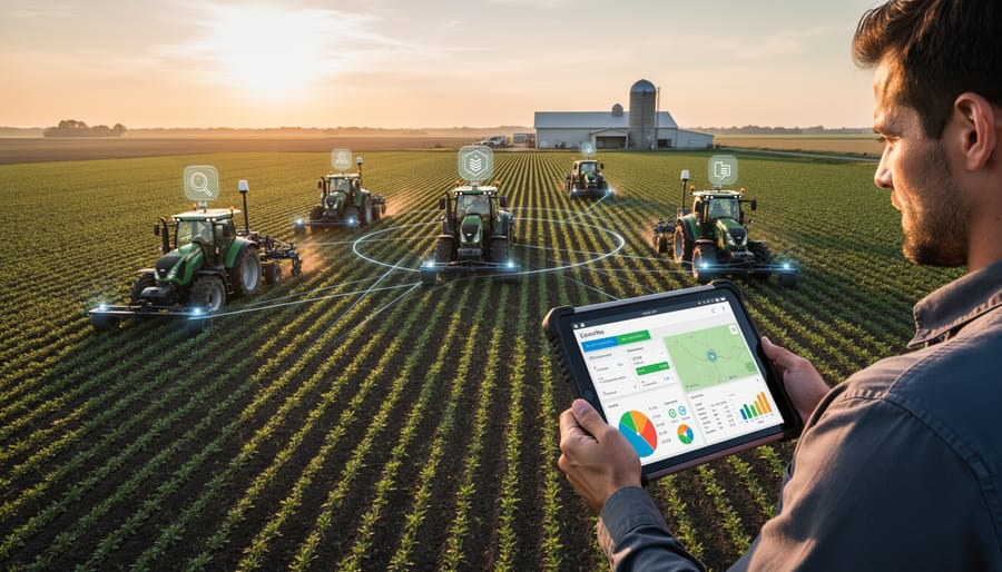Farmer standing in a Canadian grain field beside a tractor with GPS equipment while using a tablet