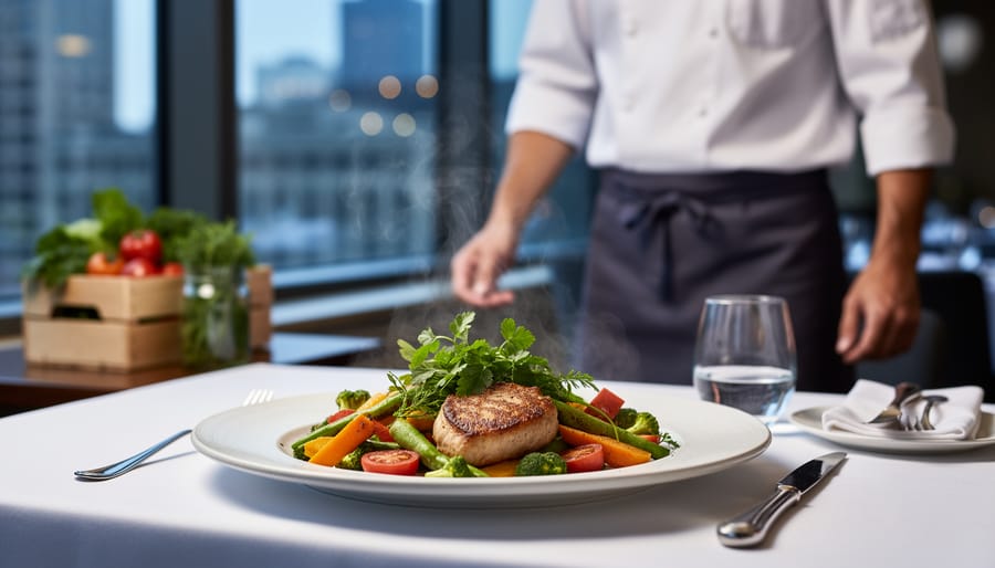 Chef finishing a plated seasonal meal with fresh herbs in a restaurant
