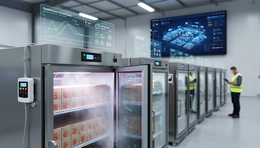 Close view of a refrigerated storage area with visible temperature sensor near a tagged pallet