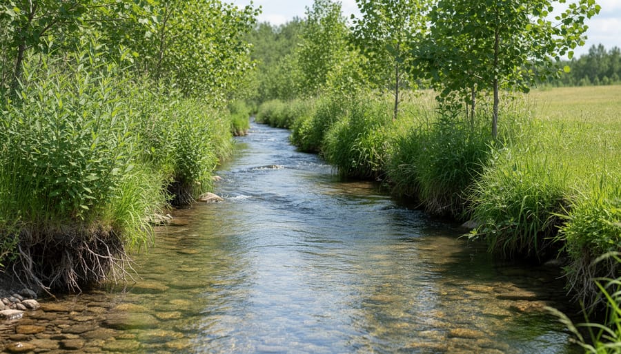 Creek flowing alongside a vegetated riparian buffer with an organic farm field in the background