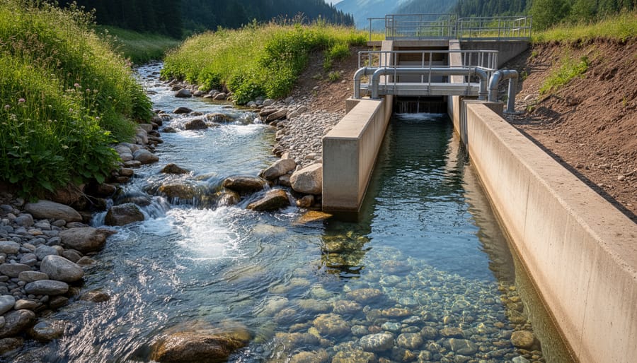 Flowing water in a farm irrigation ditch near rural crops