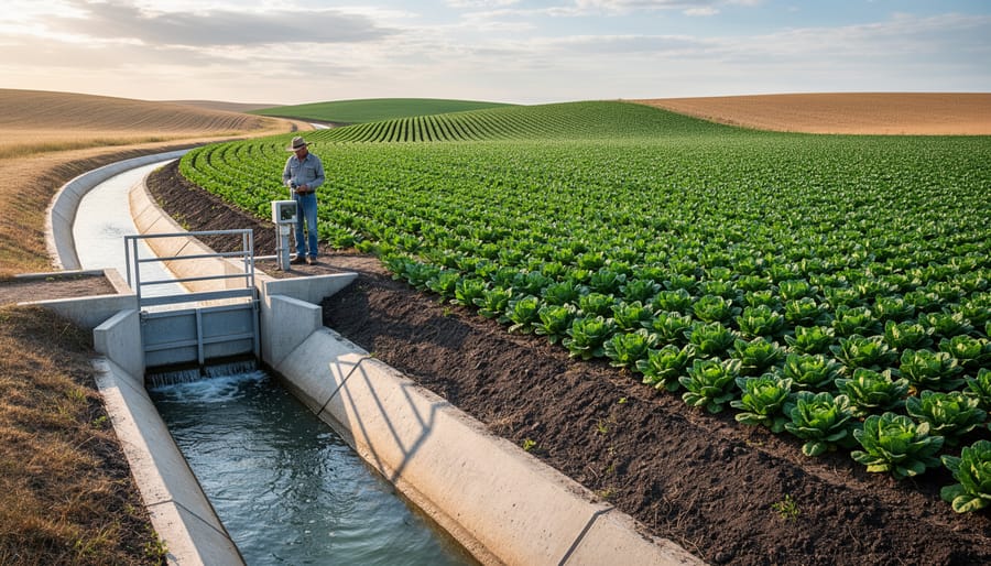 Farmer standing near a small water-control structure with crops in a farm field at golden hour.