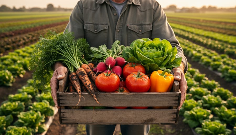 Farmer holding freshly harvested vegetables in a barn doorway
