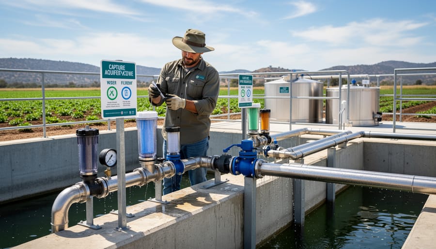 Farmer kneeling and inspecting a settling tank and valves near an organic farm water treatment area