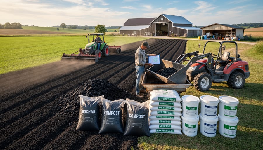 Farmer near farm equipment handling soil amendment material in a Canadian farmyard.