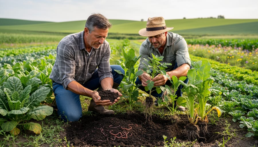 Farmer kneeling in a cover-cropped field examining soil and plants