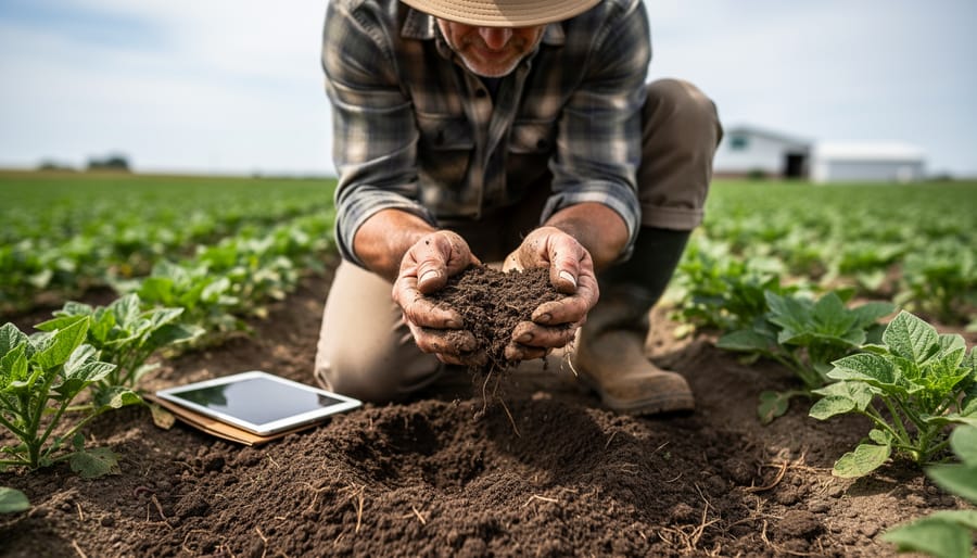 Farmer inspecting dark, crumbly soil in a shallow pit with hands close to the ground