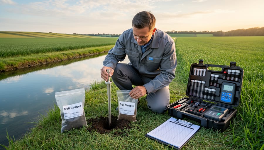 Farmer holding a soil sample bag near an organic farm field and manure storage area