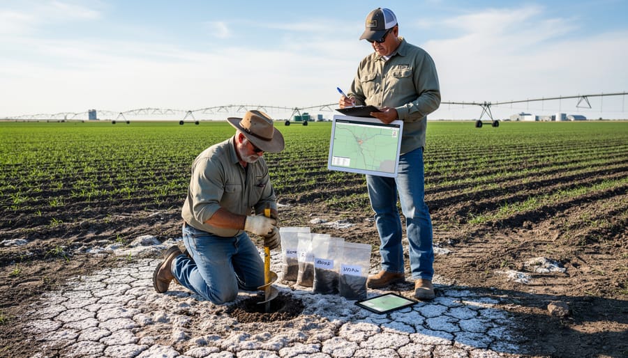 Farmer collecting soil samples with a handheld probe in an irrigated field