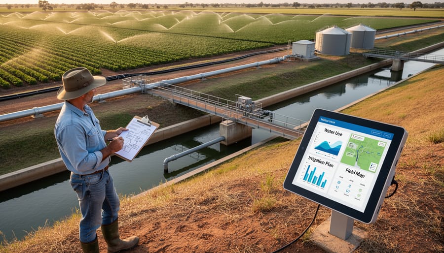 Farmer looking over irrigation canal and small water-energy installation on a farm