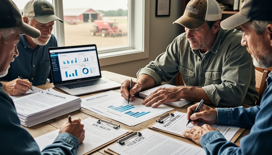 Farmer writing notes on a clipboard with farmland visible through a window