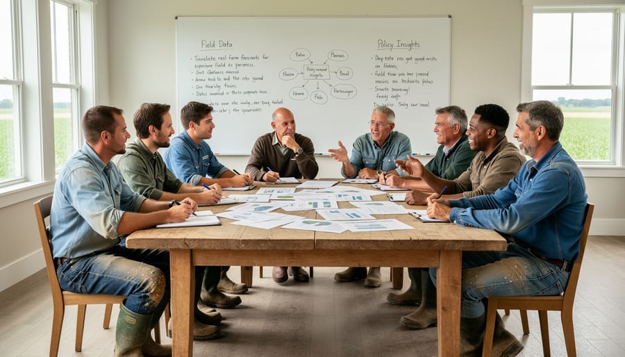Canadian farmers discussing policy advocacy training in a meeting room