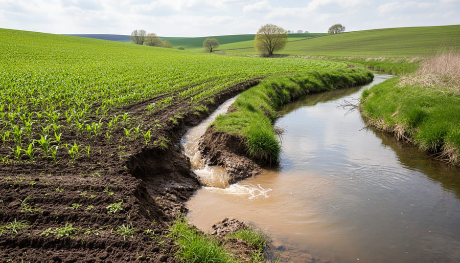 Muddy runoff moving from an agricultural field edge toward a shallow stream bordered by willows