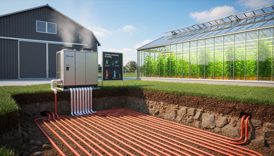 Ground installation area beside a farm greenhouse with geothermal equipment and farmers working near control hardware