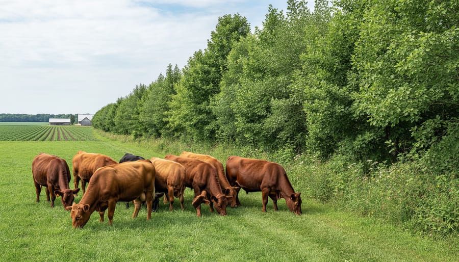 Cattle resting near a green hedgerow or windbreak on an Alberta farm under an overcast sky