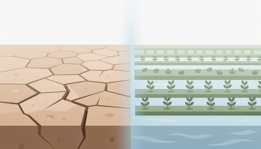Dry cracked soil near a healthier irrigated area showing contrast in crop vigor.