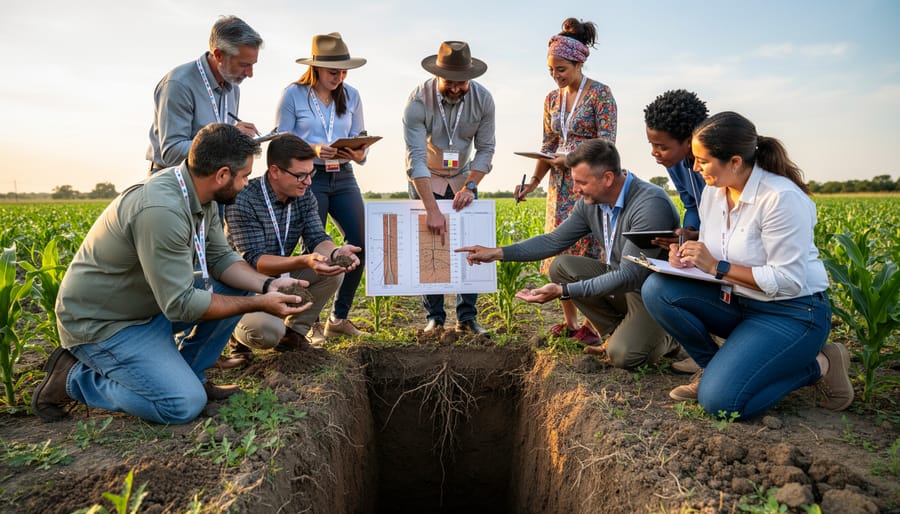 Adults examining dark soil samples during a hands-on agricultural farm visit.