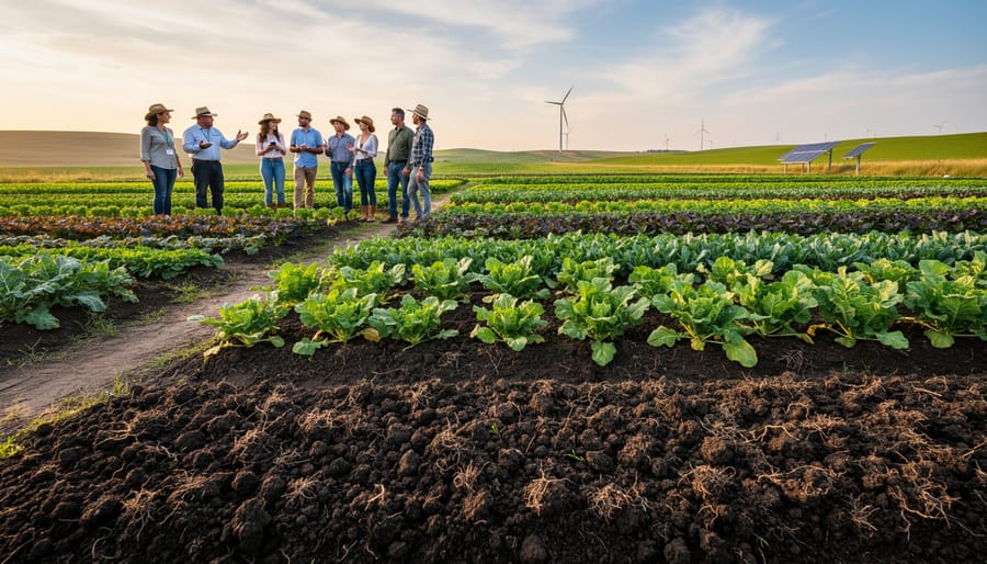 Healthy cover crops growing in a farm field with visible soil structure and rows leading into the distance.