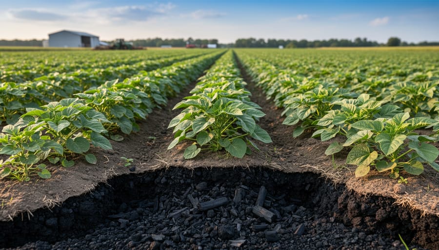 Healthy green crop plants growing in a field with farm landscape in the background.