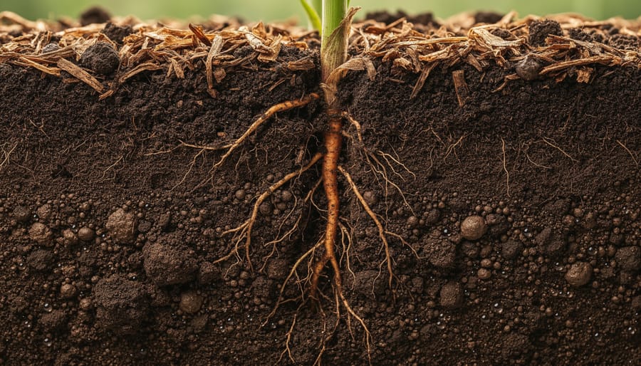 Macro close-up of dark, healthy soil with visible plant roots and organic matter