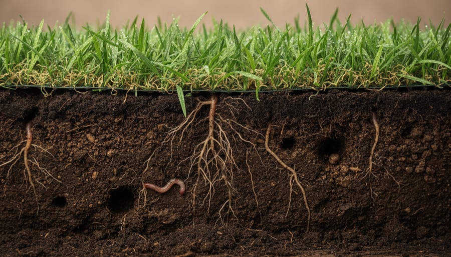 Macro close-up of dark crumbly soil with small plant roots