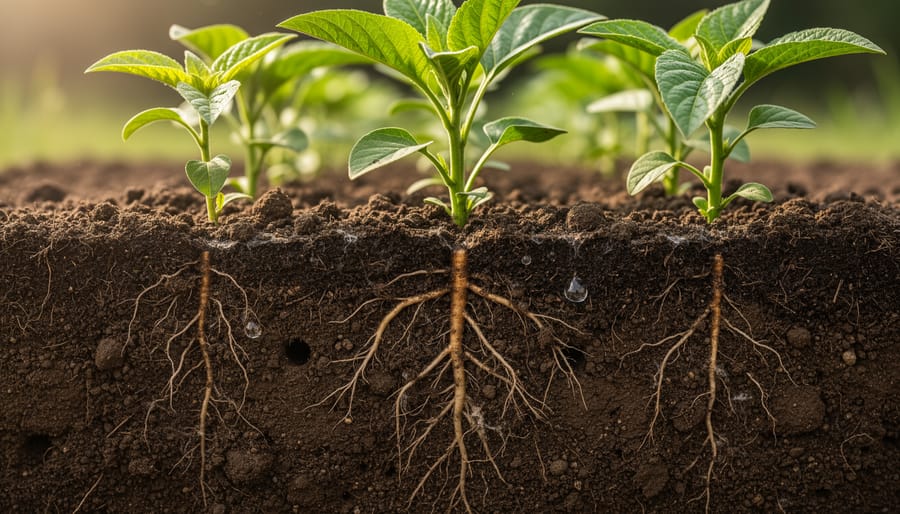 Close-up of dark, healthy soil with visible roots and organic matter