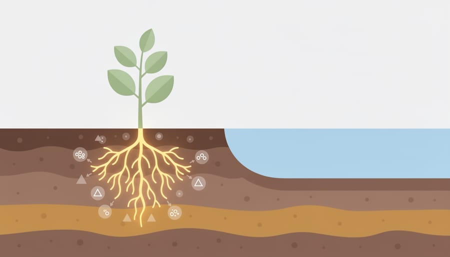 Macro close-up of healthy dark soil with visible plant roots and moist soil texture