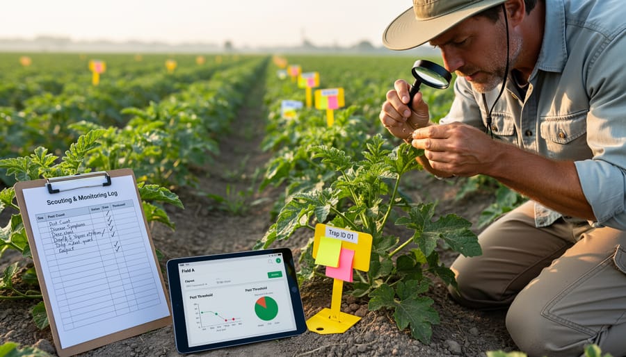 An agronomist crouches in an Alberta crop field, examining plant leaves with a magnifier during pest scouting.