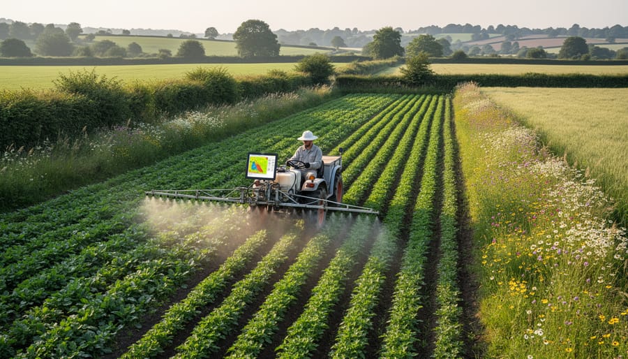 A tractor using a mounted sprayer in a crop field during golden hour near natural vegetation.