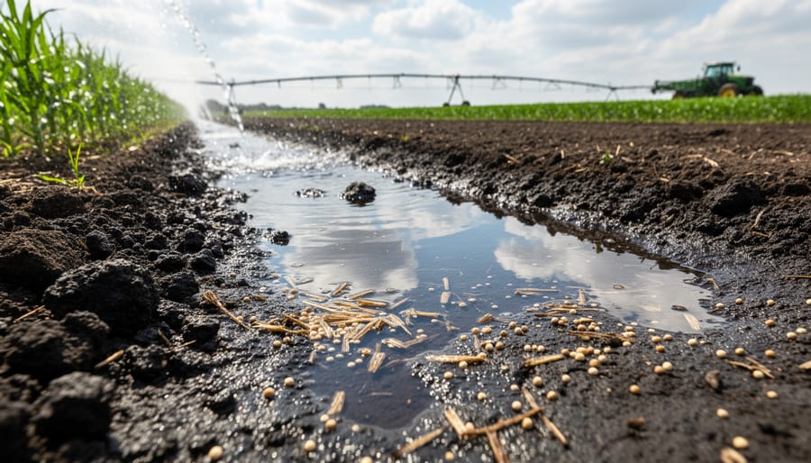Irrigated soil and young crops with water droplets near an irrigation line at golden hour