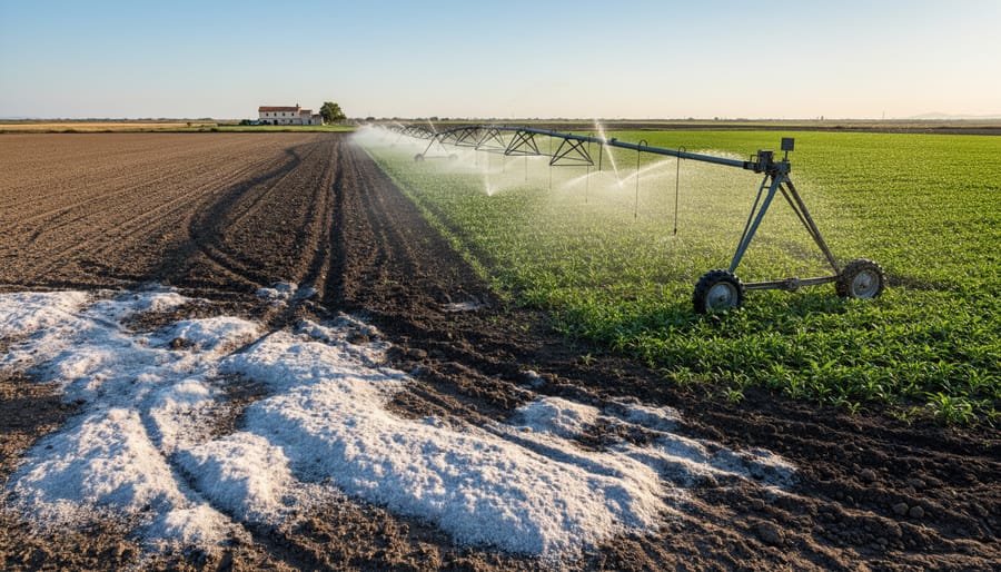 Irrigation pivot watering a field with nearby patchy, lighter salt-affected ground