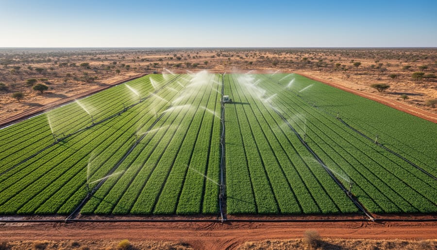 Irrigated farmland with green crop rows under a cloudy sky in a dry, semi-arid landscape.