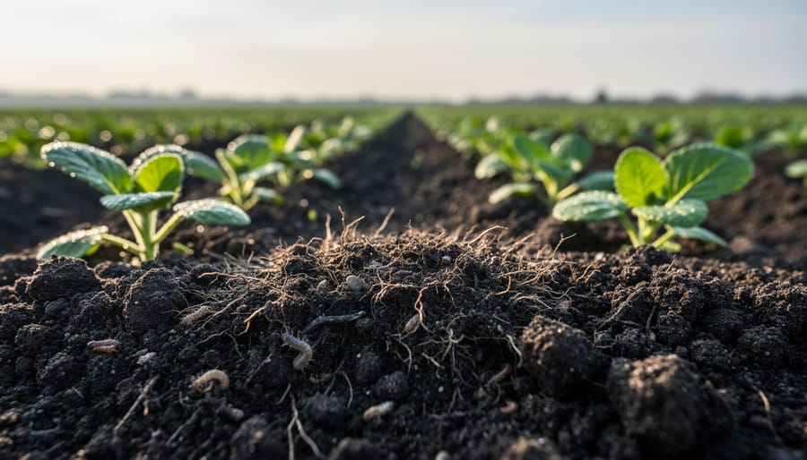 Close-up of dark, fertile soil with earthworms and cover plants in an organic farm field