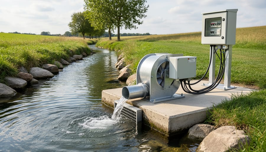 Small hydro turbine unit installed beside a farm water channel