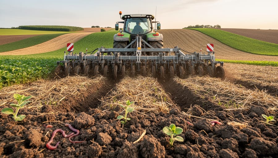 Farmer operating a no-till seeding rig in an Alberta field at golden hour
