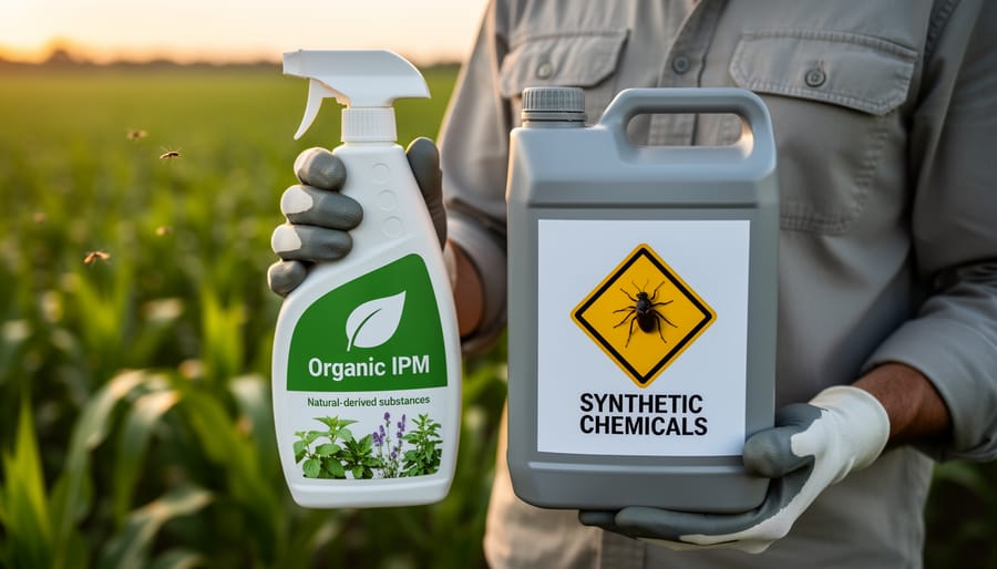 Organic pest-control supplies, including neem oil and a sprayer, arranged in a clean farm shed with no visible labels.