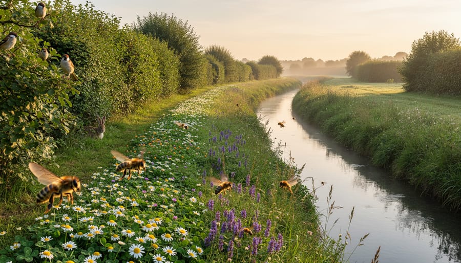Native prairie hedgerow and riparian buffer with flowering plants and grasses near a pond at golden hour