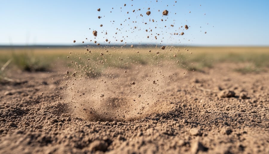 Close-up of dry soil grains disturbed at ground level in a windy prairie field.